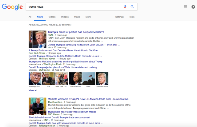 Googleのニュースタブで「trump news」と入力して検索した結果
