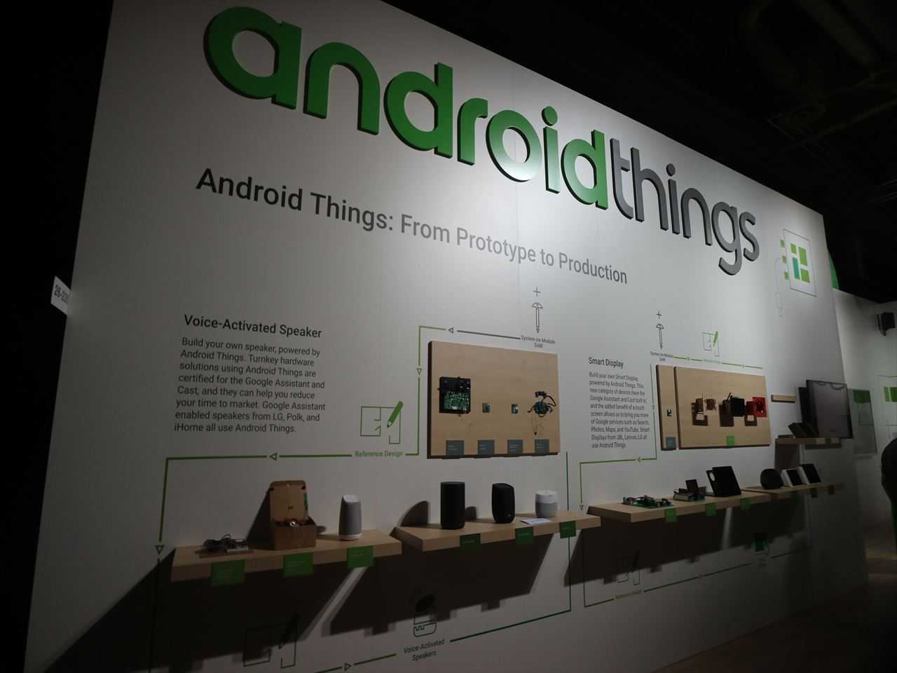 グーグル対応のスマートスピーカ、スマートディスプレイの展示に加え、プロトタイプづくりの実例が展示されていた