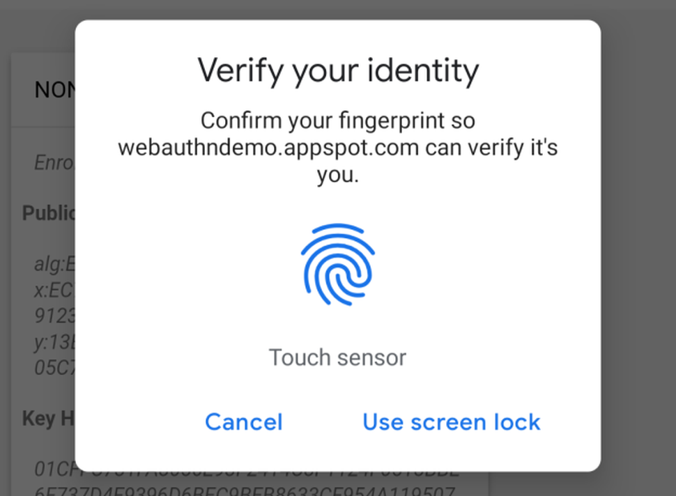 GoogleがChrome 70ベータ版に関するブログ記事に掲載した指紋認証画面