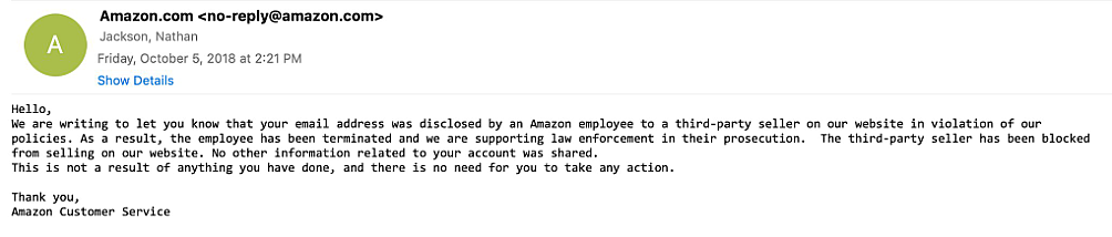Amazonが顧客に送ったとみられる電子メールのスクリーンショット