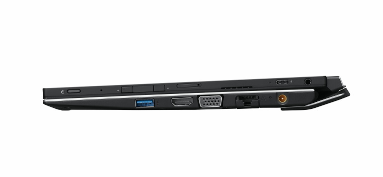 電源ボタンと指紋センサ、SIMスロット、USB-Type C×1、ヘッドホン端子、USB 3.0×1、HDMI、VGA、LANポート、DCジャックを備える