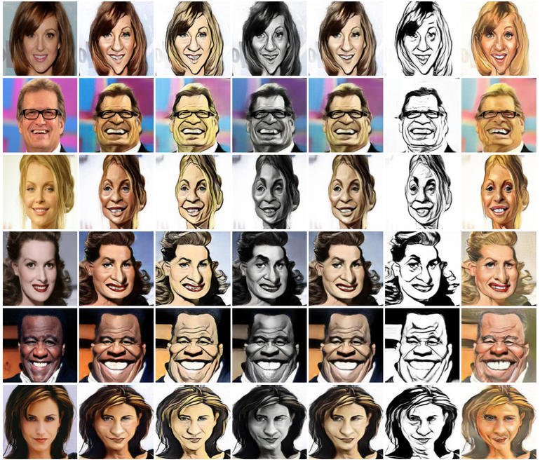データセットから収集した写真（一番左）を元に、さまざまな似顔絵が生成される
