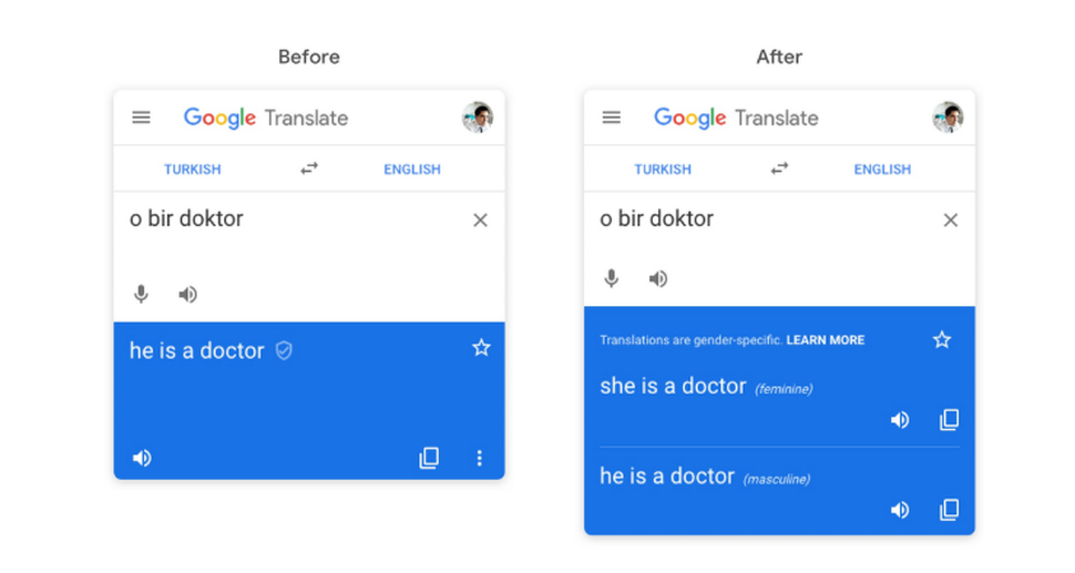 「o bir doktor」をトルコ語から英語に翻訳すると、「she is a doctor」と「he is a doctor」が翻訳ボックスに表示される