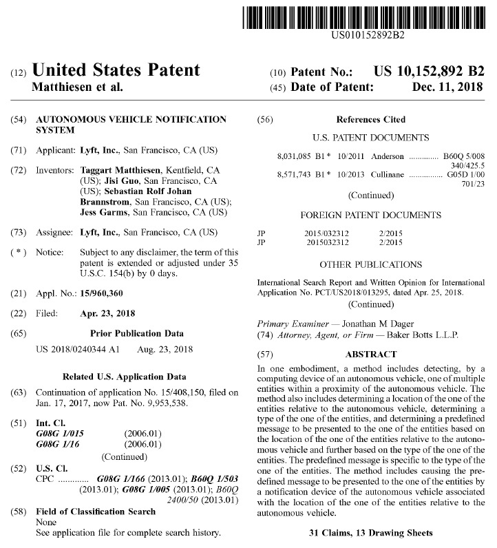 登録されたLyftの特許（出典：USPTO）