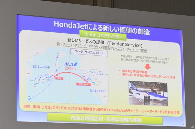 ホンダエアクラフトカンパニーはANAグループと連携し、HondaJetによる国内移動からANA国際線への乗り継ぎ、国際線から現地でのHondaJetへの乗り継ぎといった、フィーダーサービスを提供している