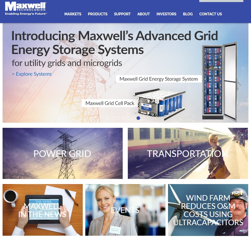 Maxwell Technologiesのウェブサイト（出典：Maxwell Technologies）