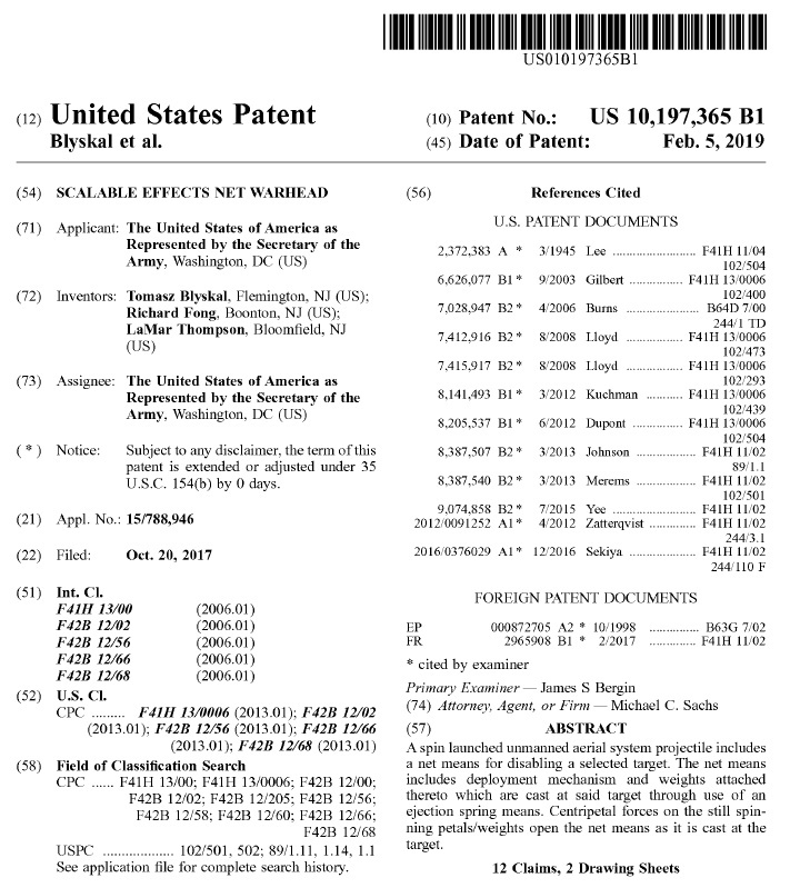 登録された米陸軍の特許（出典：USPTO）