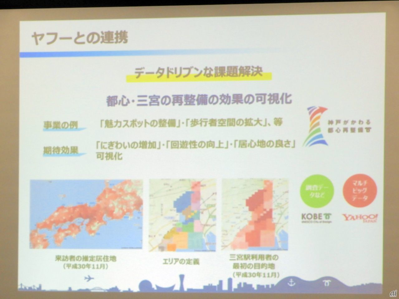 神戸市はオープンデータの取り組みに力を入れ、ヤフーと提携した職員教育や人材育成を行っていることなどが紹介された