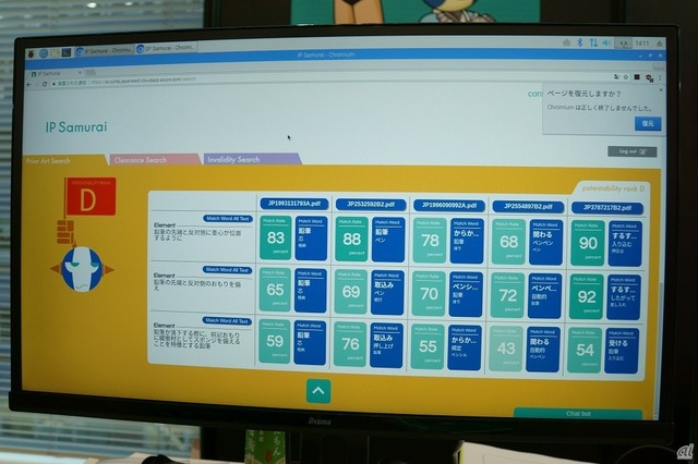 　2月19日、20日に開催されたイベント「CNET Japan Live 2019 -新規事業の創り方-」の会場には、社内の新規事業から生まれた製品やサービスやAIを駆使したシステムなどが展示された。ここでは各製品を写真で紹介する。
　日本マイクロソフトブースに出展したAI Samuraiは、AI搭載型の類似文献評価システムである「IP Samurai」を展示。発明概要の文章を入力すると、米国と日本の特許データベースにアクセスし、発明の内容と類似文献との類似度を独自の計算基準に基づき評価する。特許取得に必要な先行調査の時間を大幅に短縮できるシステムだ。