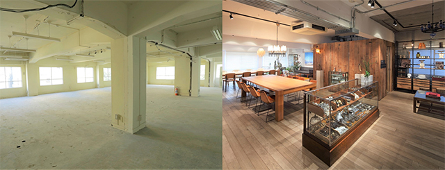 提供するシンプルなオフィス空間（左）とテナントによる空間づくりの例（右）
