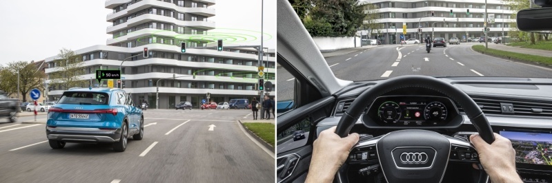 青信号で通過するのに最適な速度をアドバイス（出典：Audi）