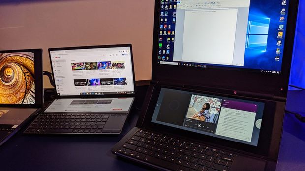 　この写真でHoneycomb Glacierの左後ろにあるのはASUSの「ZenBook Pro Duo」。ディスプレイが2つある点は同じだが、Honeycomb Glacierのようにディスプレイは持ち上がらない。