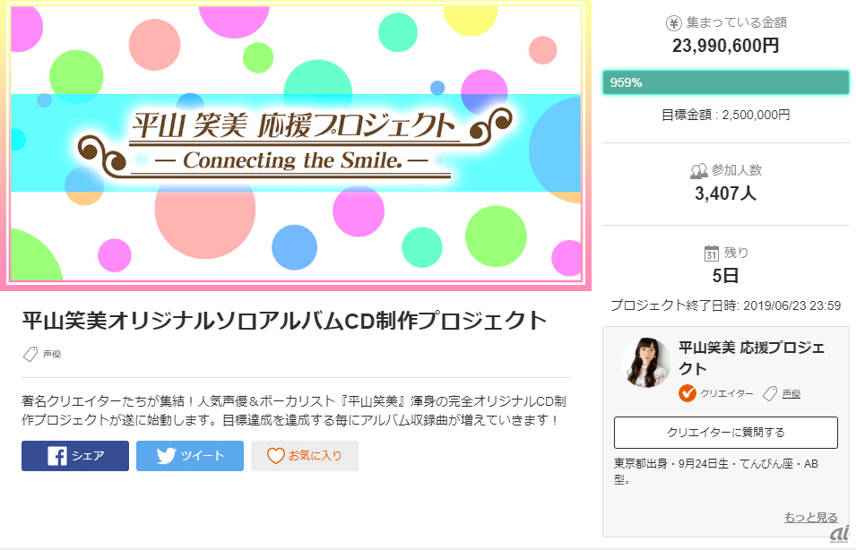 「平山笑美オリジナルソロアルバムCD制作プロジェクト」
