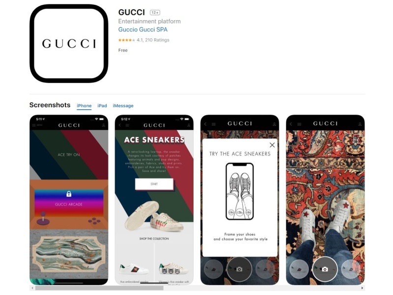 ARスニーカー試着に対応したGucci公式アプリ（出典：Gucci/Apple）