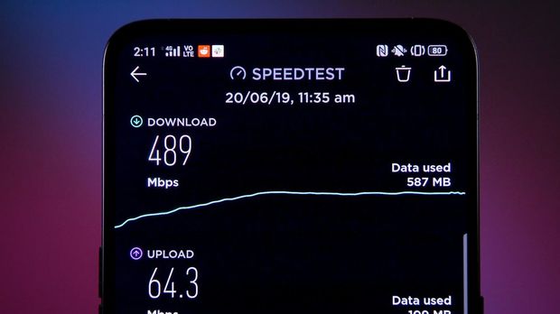 　Speedtest.netで5Gを利用した場合のダウンロード速度は最高で489Mbpsだった。