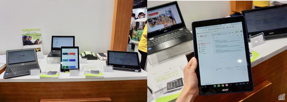 AcerのChromebookラインナップ（写真左）。Acerから発売された「Acer Chromebook Tab 10」も見ることができた