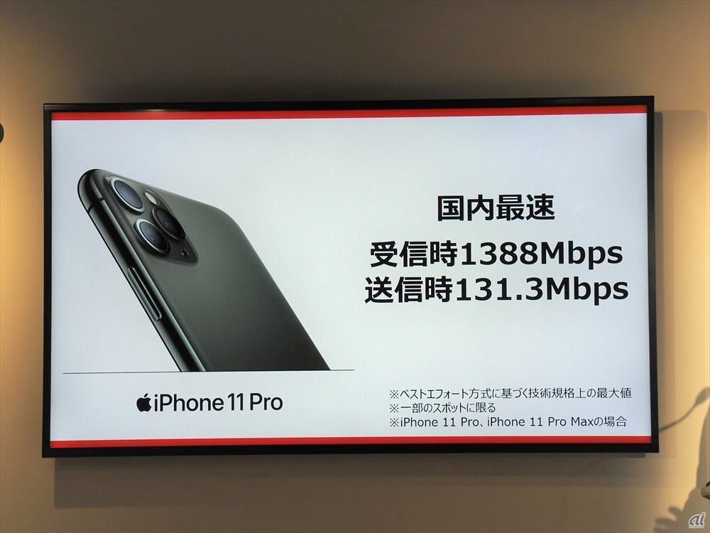iPhone 11 Pro/11 Pro MaxはNTTドコモのネットワークで利用することで、理論値で受信時最大1388Mbpsと、1Gbps超えの通信速度を実現するという