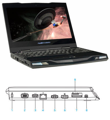 Alienwareの2010年型ノートPC。小さな筐体の側面はポートで埋まっている。