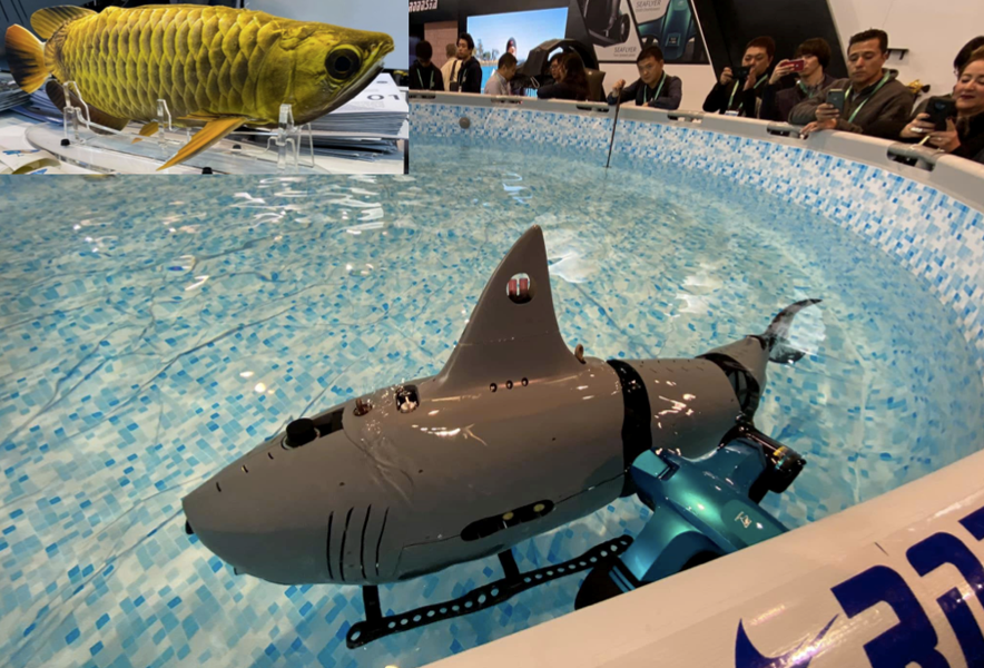ドローン最大手DJIの隣ではROBOSEAが、無線で自動航行できるサメ型の水中ドローンを展示し注目を集めた（提供：一般社団法人日本水中ドローン協会）