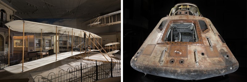 左：ライト兄弟の飛行機、右：アポロ11号の司令船（出典：スミソニアン協会）