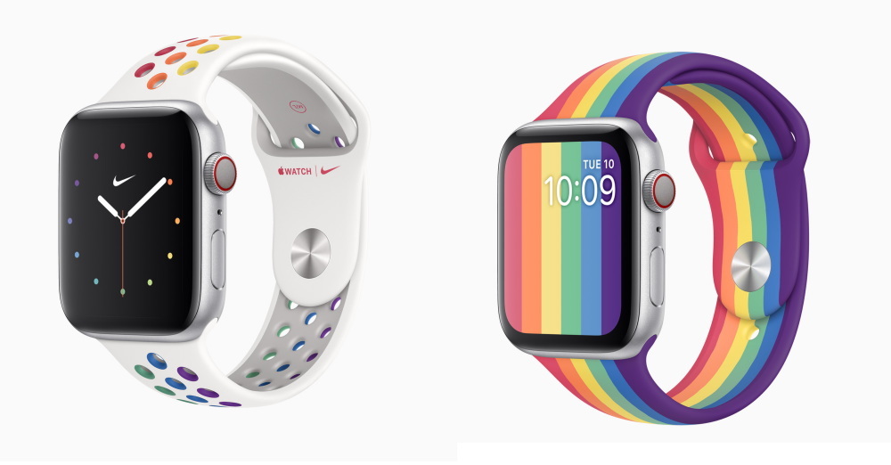 レインボーカラーを新たにアレンジしたApple Watch Nikeスポーツバンド（左）とフルオロエラストマー製の新しいApple Watchプライドエディションスポーツバンド（右）
