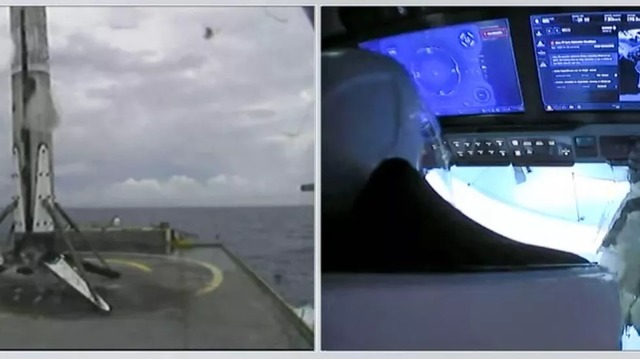 　Falcon 9の第1段は、SpaceXのドローン船「Of Course I Still Love You」に着陸した。右側は、Crew Dragonの中で第1段の着陸成功を喜ぶ宇宙飛行士。飛行士らの目の前には、青く光るタッチスクリーンが並んでいる。これらのタッチスクリーンは、コンピューター関連でこれまでの宇宙船から大きくアップグレードされた部分だ。
