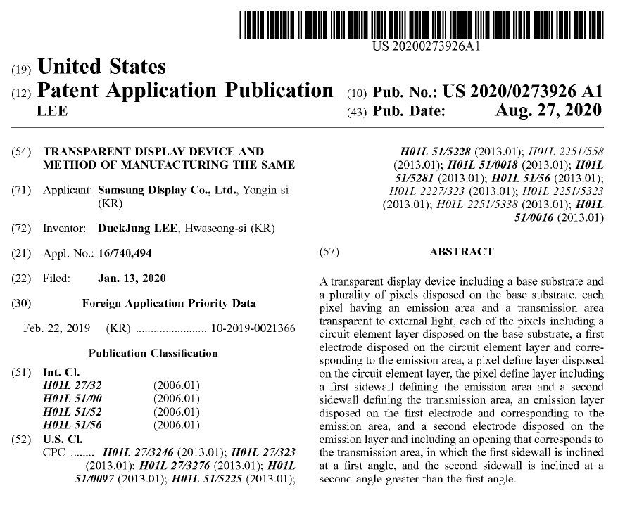 公開されたSamsung Displayの特許（出典：USPTO）