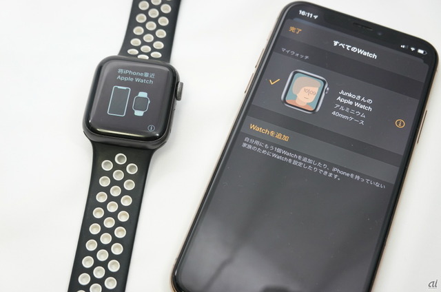 　また、GPS＋Cellularモデルは、新たに発表された「ファミリー共有設定」に対応する。スタート時点ではauのみが対応する機能で、iPhoneを持っていない子どもなどに向け、Series 4以降のApple Watchであれば複数台ペアリングできる。ペアリングする際は、新たな端末を用意し、Watchアプリから「Watchを追加」を選ぶ。