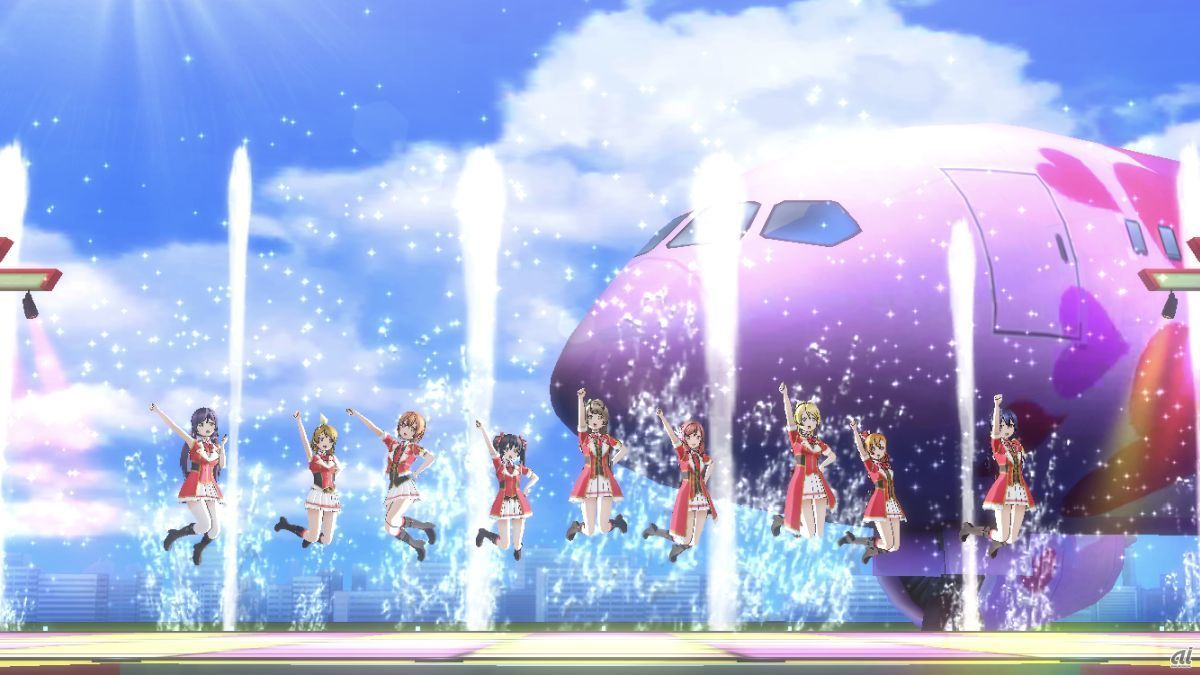 μ’sの「Wonderful Rush」。特別ステージでは、アニメーションPVで特徴的だった飛行機の背景も含めて再現している