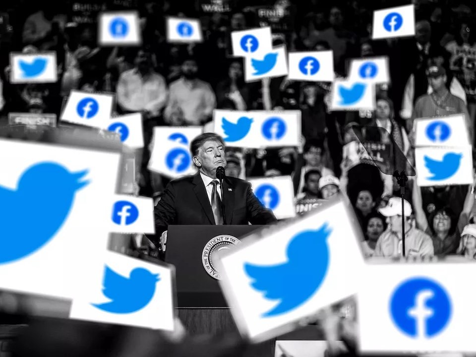 Donald Trump, with logos of Twitter and Facebook