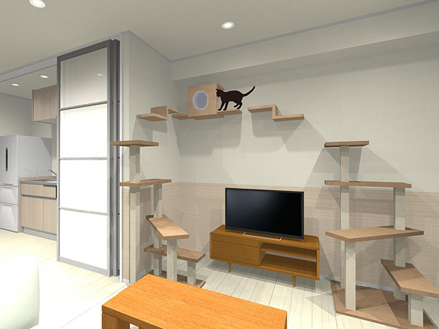 猫との暮らしに向けた住戸空間イメージ図。ねこルート・ねこボックス