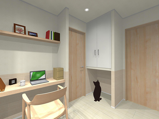 猫との暮らしに向けた住戸空間イメージ図。テレワークスペースとペットコーナー