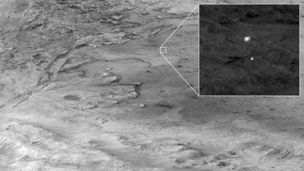 NASA's Mars Reconnaissance Orbiter snapped this faraway image of the Perseverance rover's descent to Mars. 