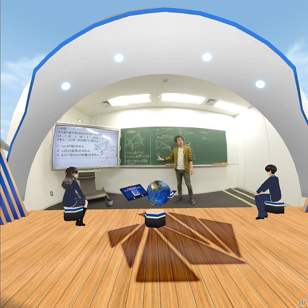 VR空間内の教室のイメージ。空間内は3Dだが、教師や黒板、ホワイトボードは映像。それでも違和感はほとんど感じなかった