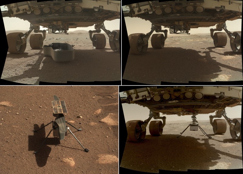 Ingenuityを火星に下ろすPerseverance（左上から時計回り、出典：NASA、JPL、Caltech）