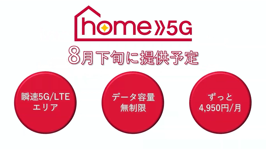 home 5Gの提供開始時期は2021年8月下旬を予定しており、月額料金は4950円。通信量制限も基本的には設けられていない
