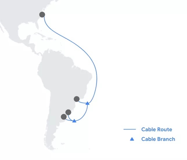 Google's Firmina subsea cable route will link the US to Brazil, Uruguay and Argentina.