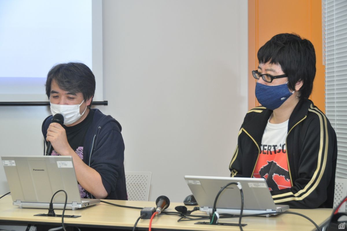 「SonicSYNC」について説明するCRI・ミドルウェア 取締役の櫻井敦史氏（左）。「ディズニー ミュージックパレード」のクリエイティブディレクターを務めるタイトーの石田礼輔氏（右）も同席