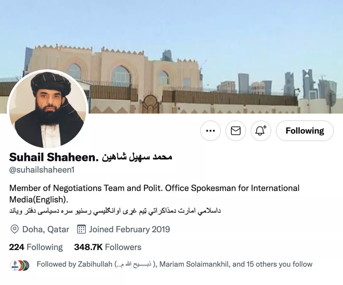 タリバンの英語を使う広報担当者、Suhail Shaheen氏のTwitterアカウント