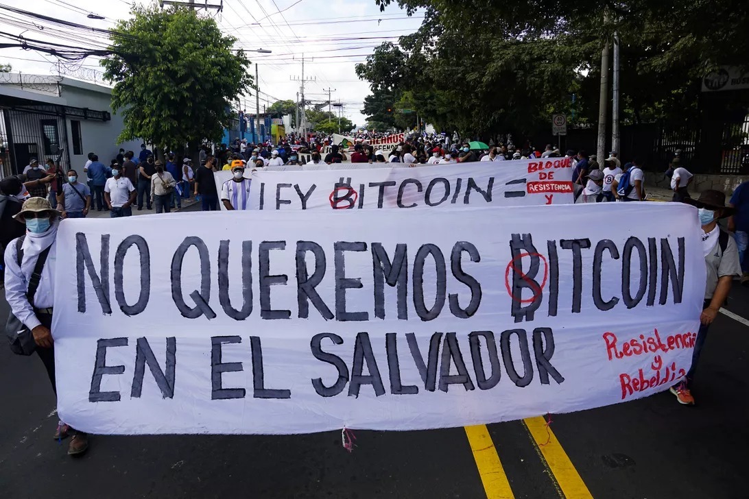 Salvadorans protesting against the Bitcoin Law in San Salvador on Sept. 15.