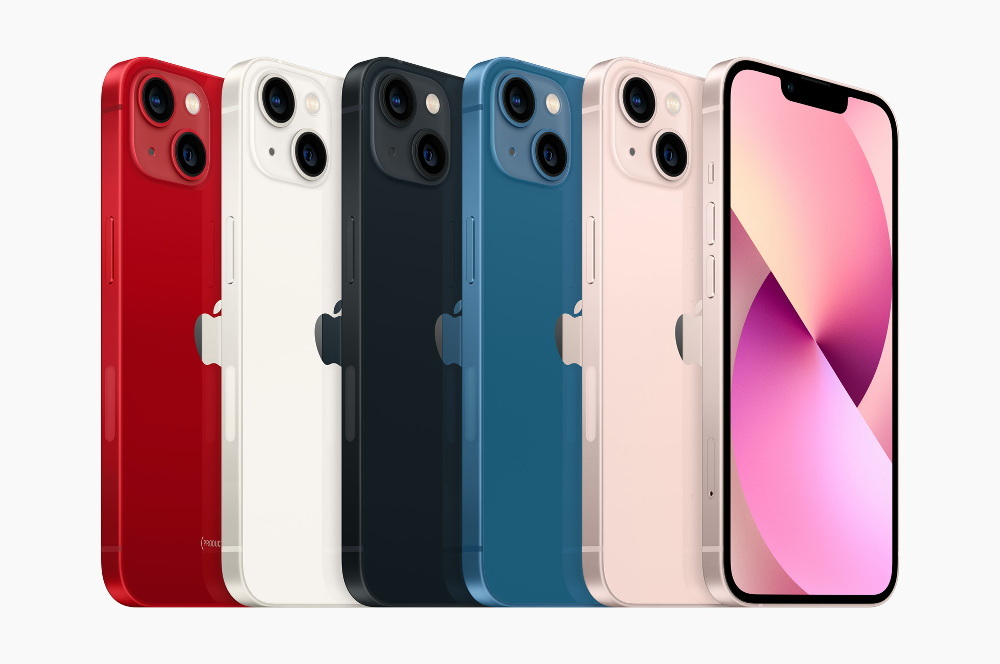 iPhone 13/iPhone 13 miniは、(PRODUCT)RED、スターライト、ミッドナイト、ブルー、ピンクの5色がラインアップする