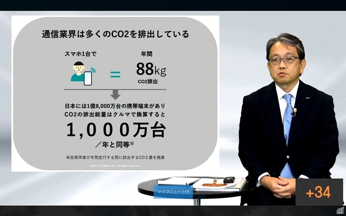 通信業界が環境に与える影響について説明する廣井氏。日本国内の携帯端末1億8000万台で、年間で自動車1000万台と同等のCO2を排出する計算になるという