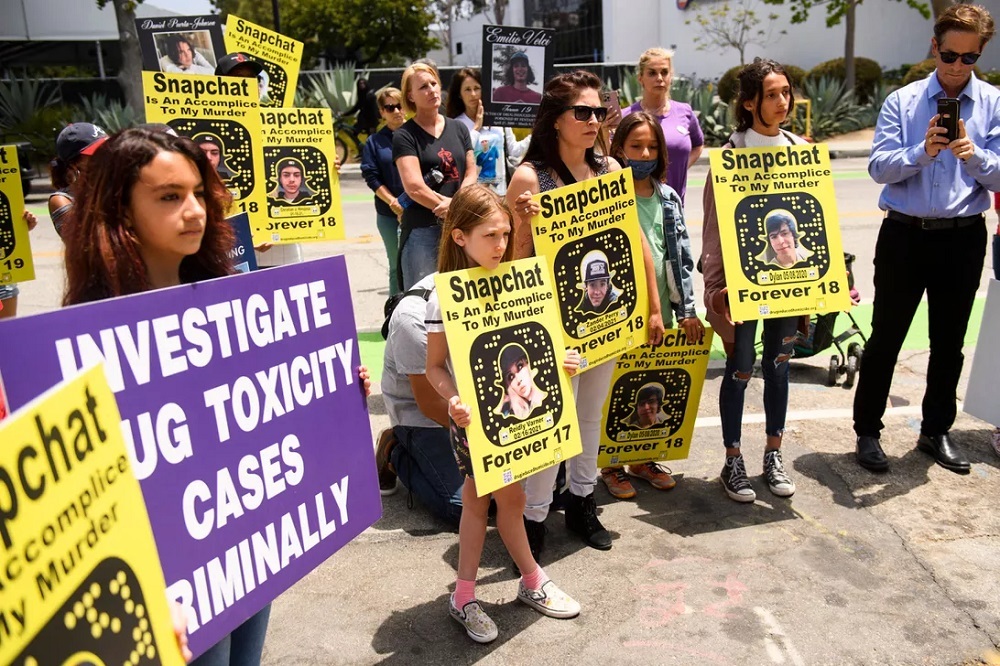 A coalition of family members and groups protested near Snap headquarters in June, calling for more countermeasures to block illegal drug sales on Snapchat.