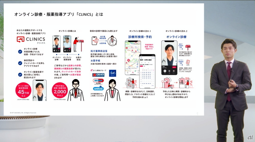 オンライン診療・服薬指導アプリ「CLINICS」の概要を説明するメドレー 取締役医師の豊田剛一郎氏
