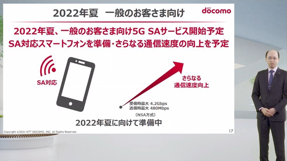 2022年夏には一般ユーザー向けの5G SAサービスも提供予定で、SA対応スマートフォンも提供されるとのことだが、具体的な内容は改めて発表するとしている