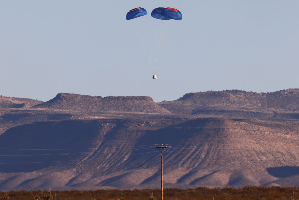 The New Shepard crew capsule descends. It was the third human spaceflight for Blue Origin.