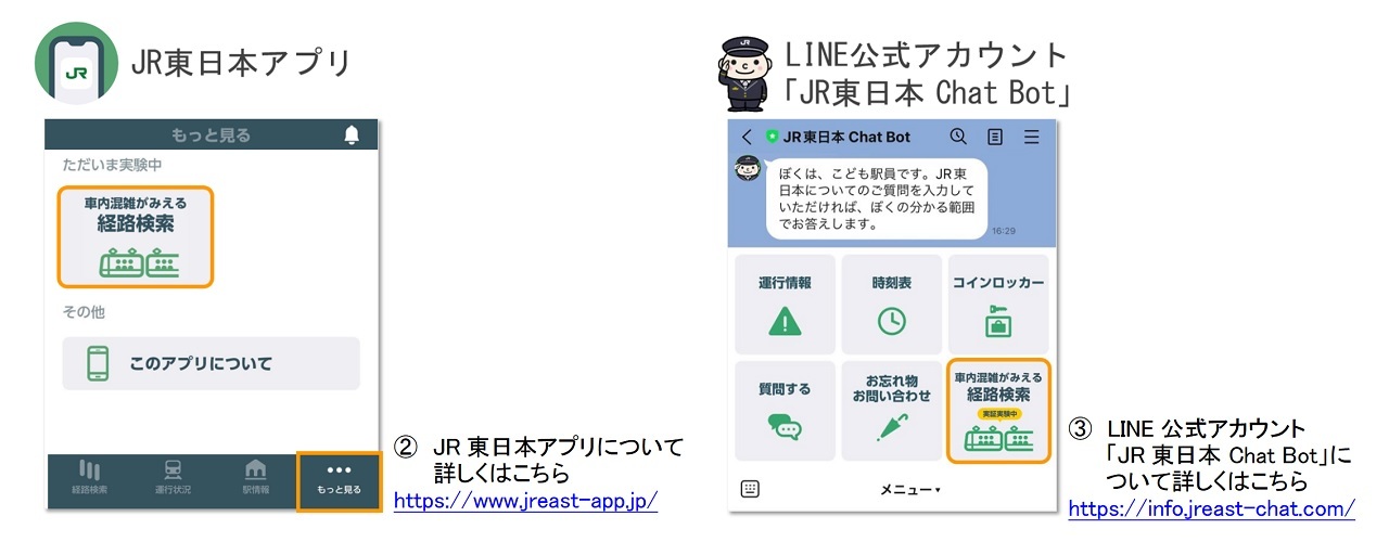 「JR東日本アプリ」「JR東日本 Chat Bot」などで確認できる