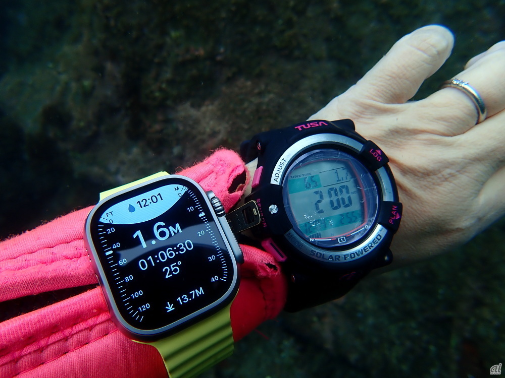 潜水時間が秒単位で見られる。表示は上から「現在時刻」「水深」「潜水時間」「水温」「最大深度」