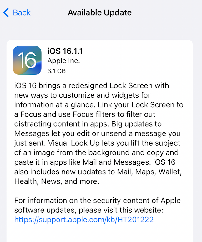 iOS 16.1.1のリリースノート