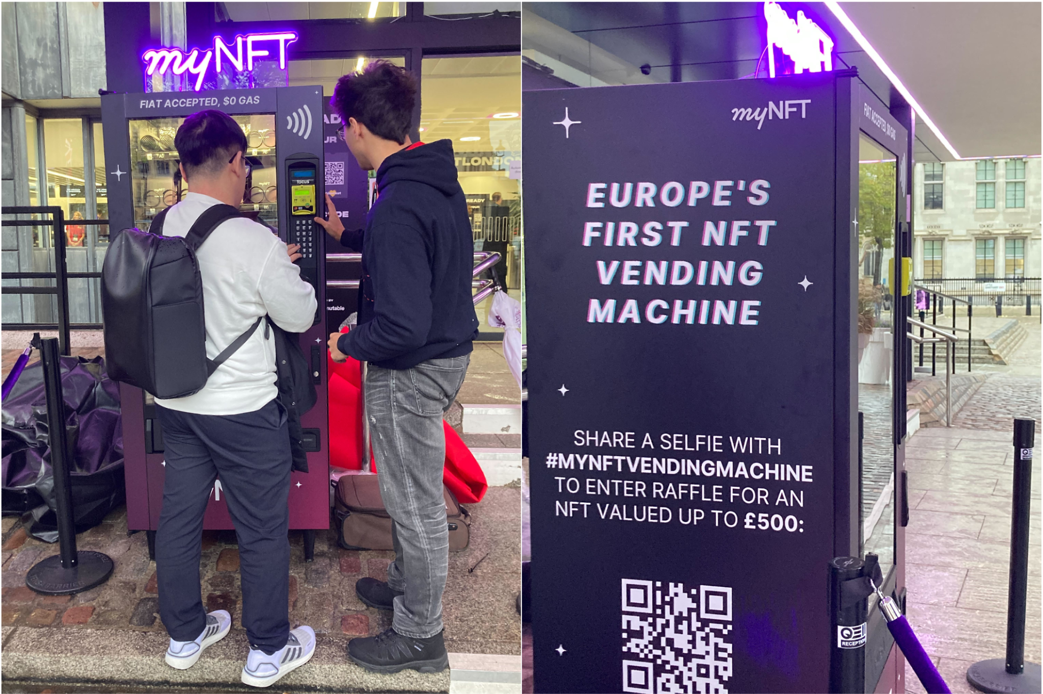 NFT マーケットプレイス「myNFT」が会期中の会場近くに設置したNFT自動販売機。売り上げはチャリティー活動に充てられる